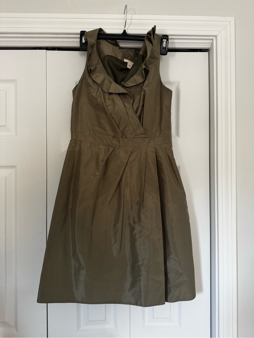 J. Crew Olive Green Ruffle-Neck Sleeveless taffeta Dress